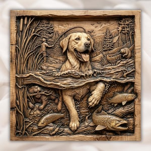 Golden Retriever Fishing Scene 3D Relief STL view 1