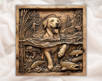 Golden Retriever Fishing Scene 3D Relief STL | Wood Grain Carving Panel | CNC Router File, 3D Print & Laser Engraving | Home Decor