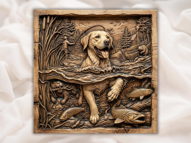 Golden Retriever Fishing Scene 3D Relief STL