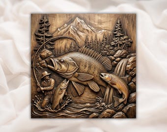 Fishing 3D Relief STL | Bass & Trout Mountain River Scene Panel | CNC Router Aspire, VCarve Pro, Carveco, Fusion 360, ArtCAM