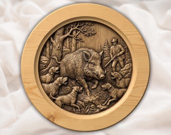 イノシシ狩りのレリーフ（STLファイル）｜回転式円形野生動物プレート｜猟犬と森の風景｜素朴なキャビンの壁飾り