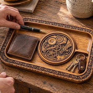 May include: A rectangular wooden valet tray with a carved border featuring a central circular section with exposed mechanical gears. The tray holds a brown leather wallet, a set of metal keys on a leather fob, and a black fountain pen.