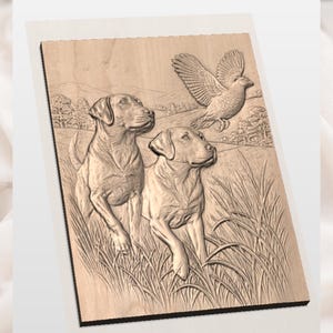 Hunting Dogs & Pheasant 3D Relief STL view 3