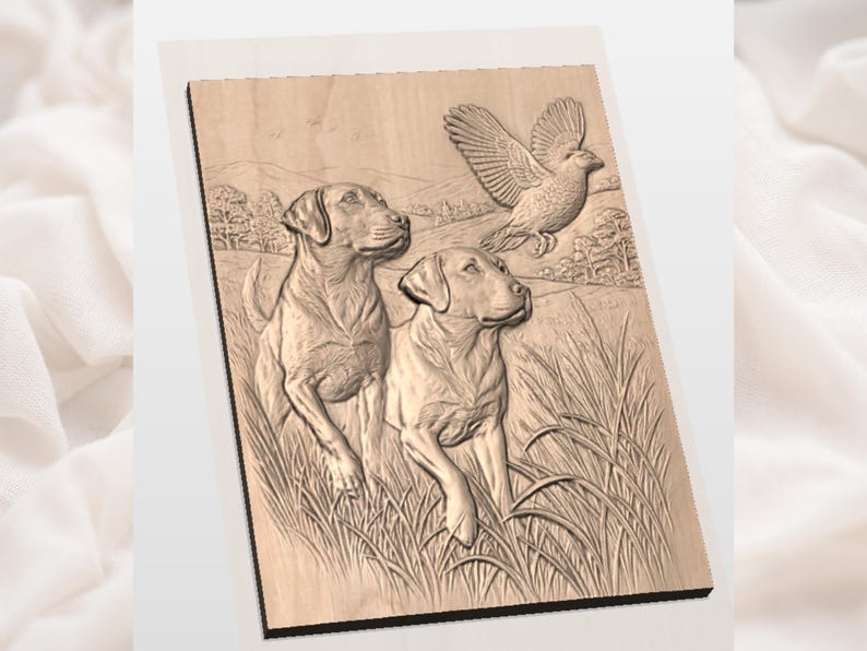 May include: A wooden relief carving depicts two Labrador Retrievers in a field, gazing upwards at a bird in flight. The artwork is detailed, with textured fur and grass, set against a backdrop of trees and hills.