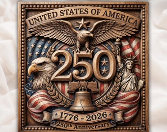 アメリカ建国250周年記念レリーフSTL｜1776-2026愛国的な壁掛け飾り｜アメリカンイーグル自由の鐘旗アート｜手彫りの木目調装飾