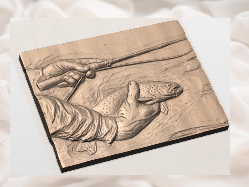May include: A wooden relief carving of a fisherman with a trout. The carving shows the hands of the fisherman holding the fishing rod and the fish. The artwork is in shades of brown and tan, with detailed textures and a rustic feel.