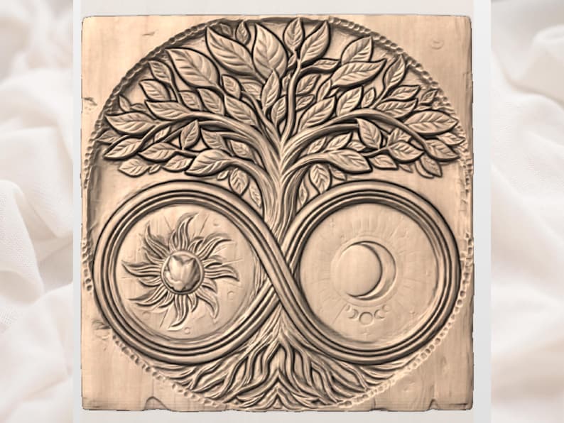 Oändlighetens träd av livet STL | Månfas solsymbol CNC-relief | Häxig boho väggkonst | Helig träsnideriplakett bild 3