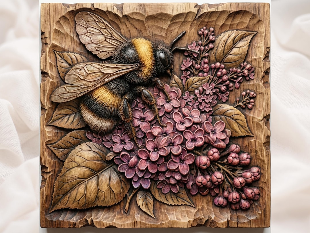 Bumblebee and Lilac STL | 3D Relief CNC Carving File | Floral Wall Art ...