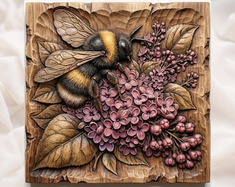 Hommel en lila STL | 3D-reliëf CNC-snijbestand | Gebloemd wandpaneel | Houtsnijstijl | 3D-afdruk | Honingbij en sering STL