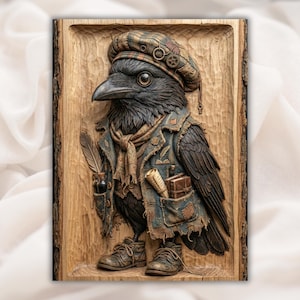 Steampunk Crow 3D Relief STL view 1