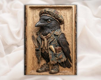 Steampunk Crow 3D Relief STL | Victorian Raven Character Wood Grain Carving Panel | CNC Router File, 3D Print, Laser Engrave | Home Decor