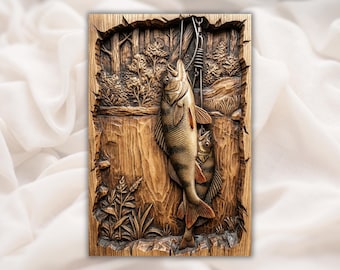 Vistafereel 3D-reliëf STL | Bass Fish on Hook CNC-router houtsnijbestand | Bas-reliëf muurkunst visser | 3D STL digitale download