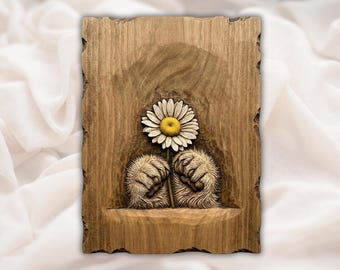 Cute Animal Paws Holding Daisy 3D STL Relief | Sculpted Wood Grain CNC Router File | Floral Wall Plaque Bas Relief for 3D Print