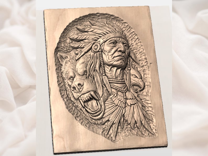 Stamhövding STL | Björnörnrelief | Rustik väggdekoration i stuga | Fjäderhuvudbonad | Träsnideridesign | Djurplack bild 2