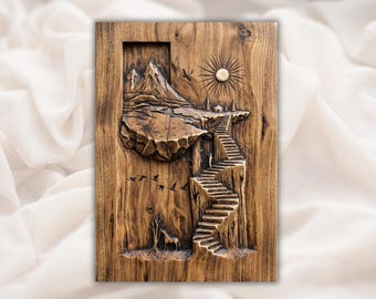 Island 3D Relief STL | Fantasy Mountain Sun STL Wood Grain Carving | CNC Router File, Aspire, VCarve Pro, Carveco, ArtCAM