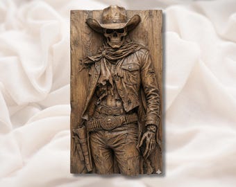 カウボーイスカルスケルトン3DレリーフSTL | 不気味なワイルドウェストゴシックウォールアートパネル | CNCルーター3Dプリントレーザー彫刻ファイル