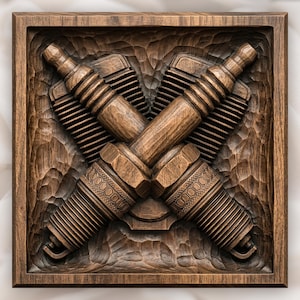 May include: A square wooden wall plaque featuring a relief carving of two crossed spark plugs. The dark brown wood has a textured, hand-carved background and a smooth frame. The spark plugs show detailed ribbed insulators and threaded metal bases.