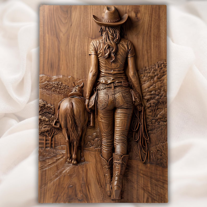 May include: A detailed wooden carving depicting a cowgirl walking with a horse. The cowgirl wears a hat, shirt, jeans, and boots. The carving is in shades of brown, with a textured finish, and shows a rural landscape.