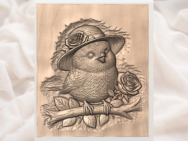 May include: A wooden carving depicting a bird wearing a hat decorated with roses. The bird sits on a branch with leaves and a rose. The carving features detailed textures and a natural wood grain finish.