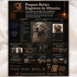 May include: A digital marketing flyer for DigitalChiselCo software titled Prepare Better Engraves in Minutes. It displays a software interface editing a dog portrait, with sections for background removal, touch-up tools, and laser-ready file preparation.