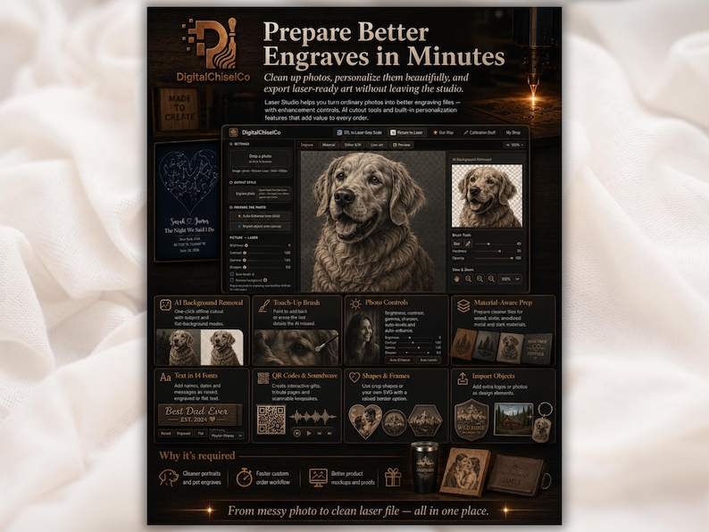 May include: A digital marketing flyer for DigitalChiselCo software titled Prepare Better Engraves in Minutes. It displays a software interface editing a dog portrait, with sections for background removal, touch-up tools, and laser-ready file preparation.