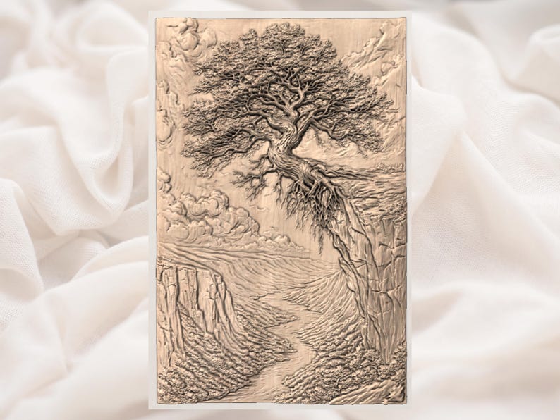 May include: A detailed relief carving depicts a tree clinging to a cliffside, overlooking a canyon landscape. The artwork features a detailed tree with exposed roots, a winding river, and textured rock formations. The color is a warm, neutral tone.