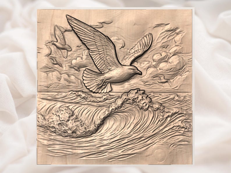 May include: A wooden relief carving depicting seagulls in flight over ocean waves. The artwork features detailed textures and a natural wood tone, with one large bird prominently displayed with outstretched wings.