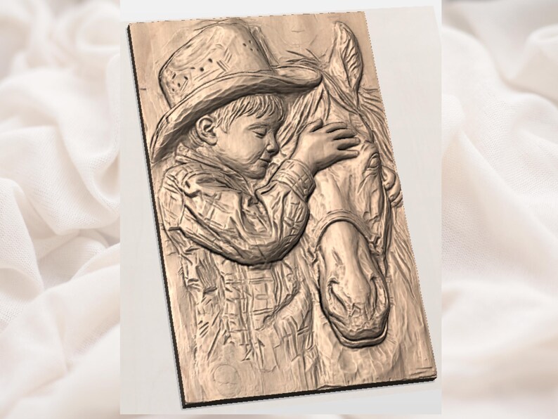May include: A wooden relief carving depicts a young child in a cowboy hat embracing a horse. The child's face is pressed against the horse's head, and the carving is detailed with textures and shadows, creating a three-dimensional effect.