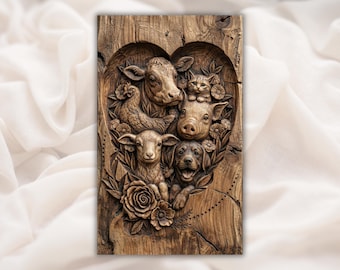Serce ze zwierząt gospodarskich, relief 3D STL | Krowa, Świnia, Owca, Pies, Kot, Rzeźba w drewnie, Plik CNC | Kwiatowa, rustykalna sztuka ścienna | Model do druku 3D | Grawerowanie laserowe