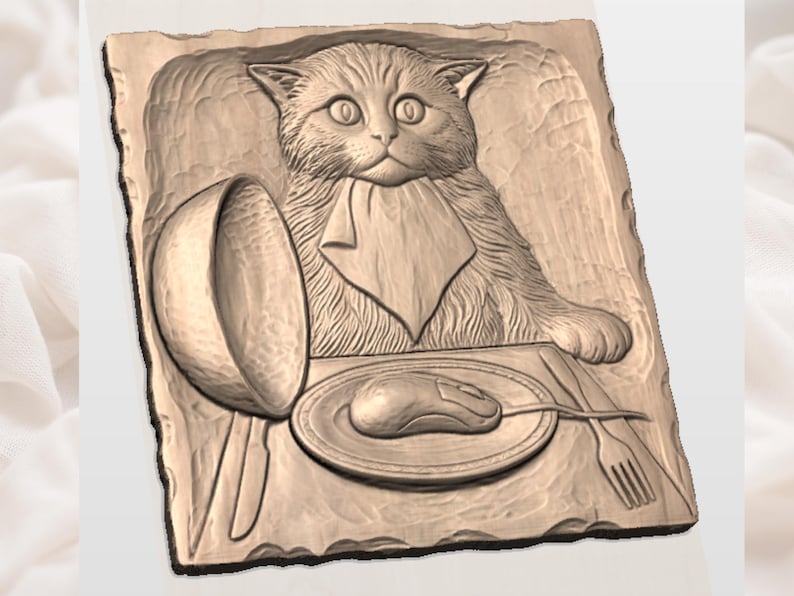 Funny Cat Dining STL | Whimsical Kitchen Relief CNC File | Cat with Mouse Plate Wood Carving | Farmhouse Wall Art | Rustic Cat Lover Plaque image 2
