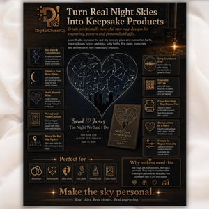 May include: A dark informational flyer titled Turn Real Night Skies Into Keepsake Products by DigitalChiselCo. It features a central heart-shaped star map, text details about laser engraving services, and icons for weddings, births, and anniversaries.