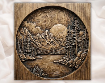 Mountain Lake Round 3D Relief STL File | Pine Forest Sunset Wood Grain CNC Carving | Nature Wall Art Panel | 3D Print & Laser Engraving