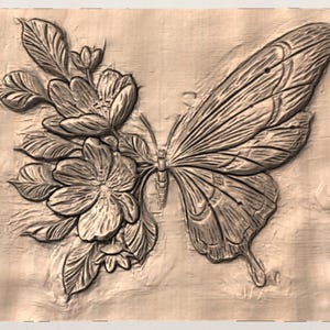 Butterfly and Flowers 3D Relief STL File view 3