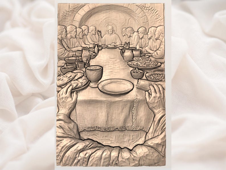 May include: A detailed relief carving depicting the Last Supper. The scene shows Jesus and his disciples seated around a table laden with food and drink. The artwork is rendered in shades of brown, with visible textures and intricate details.