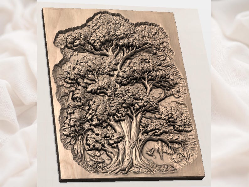 May include: A detailed, three-dimensional wooden relief carving of a large tree with sprawling branches and dense foliage. The artwork is a warm, natural brown color, showcasing intricate details of the bark, leaves, and overall tree structure. The carving is mounted on a rectangular wooden panel.