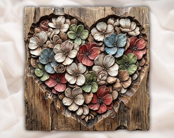 Floral Heart Relief STL | CNC Router 3D Carving Model | Flower Heart Wood Grain Bas Relief Panel | Wedding Anniversary Wall Art Home Decor