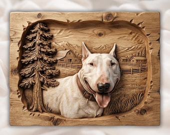 Bull Terrier Design | Loyal Dog Wall Art | Farmhouse Animal Decor | Rustic Canine Portrait | Engraved Wood Look | Pet Lover Gift