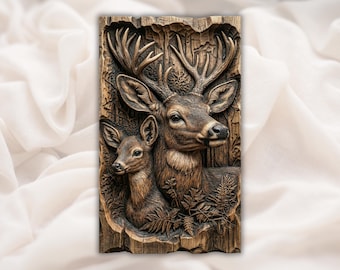 Jeleń i łania – płaskorzeźba 3D w formacie STL | Para jeleni wirginijskich – plik CNC | Rustykalna grafika ścienna z motywem dzikiej przyrody w formacie STL | Wystrój domku myśliwskiego