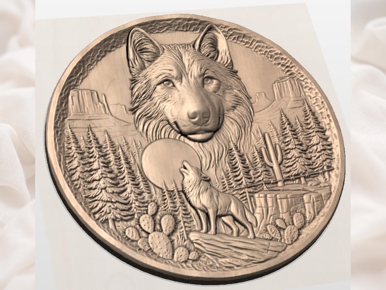 Howling Wolf Moon STL | 3D bas Relief CNC Wood Carving | Howling Wolf Wall Plaque | Wildlife 3D Print Model | Aspire VCarve ArtCAM Carveco image 2