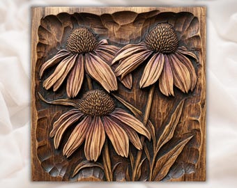 Coneflower (Echinacea) 3D Relief STL for CNC Router | Floral Wood Carving Panel | Botanical Wall Art | 3D Print