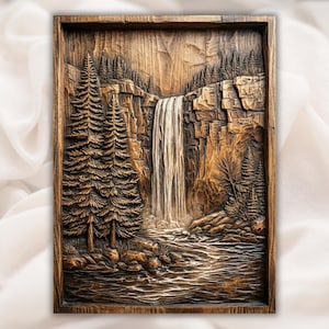 May include: A wooden relief carving depicting a waterfall scene. The artwork features a cascading waterfall, detailed trees, and rocky cliffs, all within a rectangular frame. The natural wood tones create a rustic aesthetic.