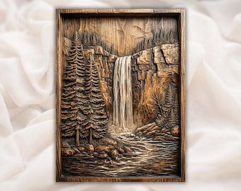 Wald Wasserfall 3D STL-Datei | CNC Bergfluss Relief Panel | Kiefer Bäume Natur Landschaft Holz schnitzen Wand Kunst | Rustikales Cabochon Dekor