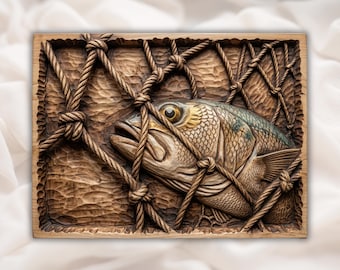 Sieć rybacka 3D, relief STL | Panel z liną rybacką | Ryby w sieci linowej STL | Morska tablica ścienna z motywem wybrzeża | Sztuka w jaskini mężczyzny w kabinie