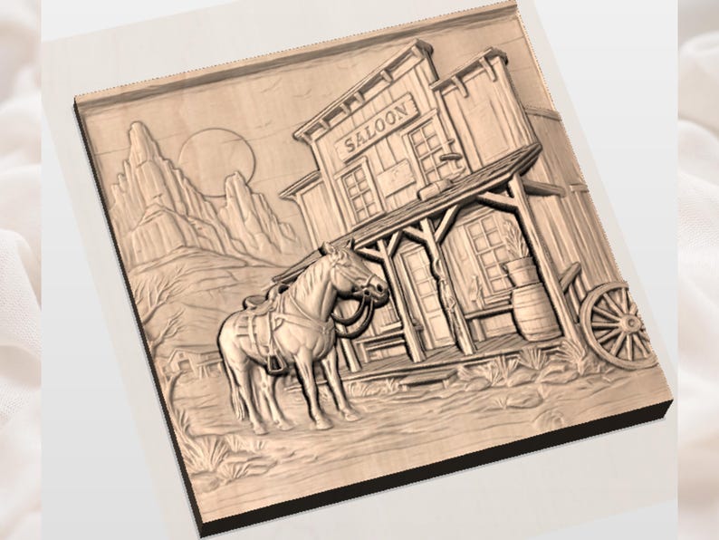 Vilda västern-salong STL-relief | Cowboyhäst 3D-sniderifil för CNC | Västra väggkonstpanel | Handskuren träådringslook STL | Heminredning bild 2