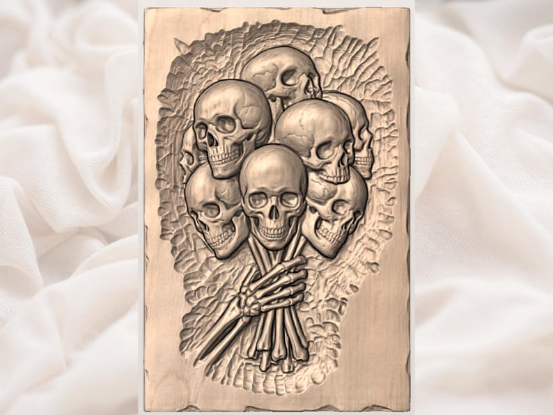 Skull Bouquet STL| Gothic Skull Relief CNC Router File |Skeleton Hand Wood Carving Model |Halloween Wall Plaque | Dark Academia Gothic Decor image 3