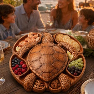 May include: A wooden serving tray shaped like a sea turtle with a central shell section and four distinct compartments carved into the flippers and body. The tray holds shrimp, round crackers, blueberries, raspberries, grapes, and almonds.