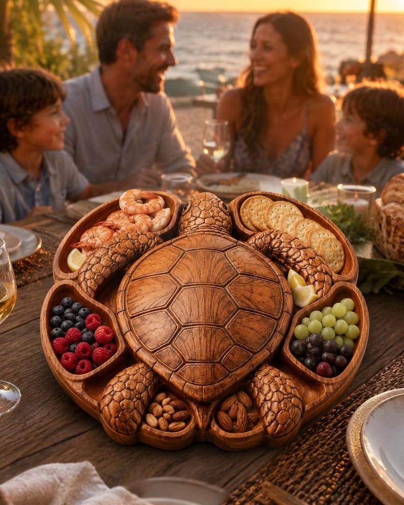 May include: A wooden serving tray shaped like a sea turtle with a central shell section and four distinct compartments carved into the flippers and body. The tray holds shrimp, round crackers, blueberries, raspberries, grapes, and almonds.