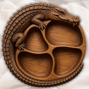 Pu&ograve; includere: Un vassoio da portata circolare in legno con quattro scomparti distinti. Una dettagliata scultura di coccodrillo marrone testurizzato avvolge il bordo esterno del vassoio, con la testa appoggiata sul bordo e la coda curva sul lato inferiore.