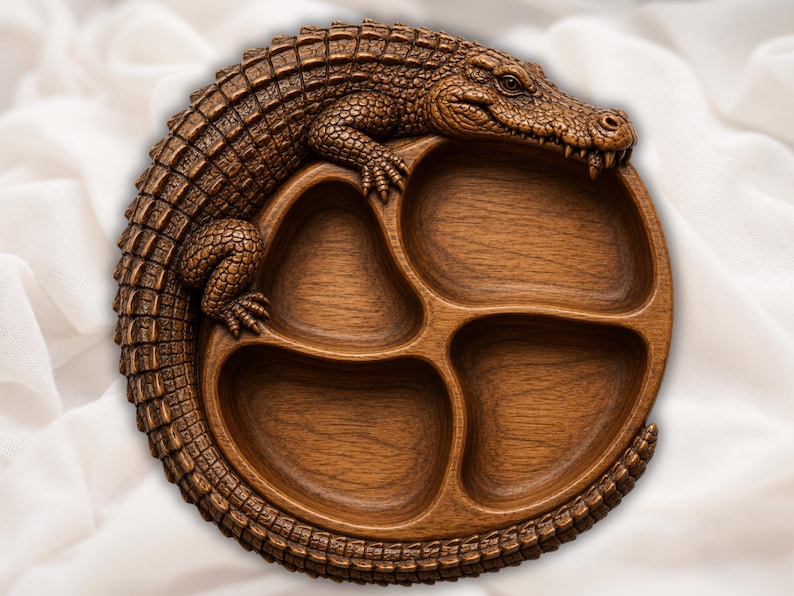 Pu&ograve; includere: Un vassoio da portata circolare in legno con quattro scomparti distinti. Una dettagliata scultura di coccodrillo marrone testurizzato avvolge il bordo esterno del vassoio, con la testa appoggiata sul bordo e la coda curva sul lato inferiore.