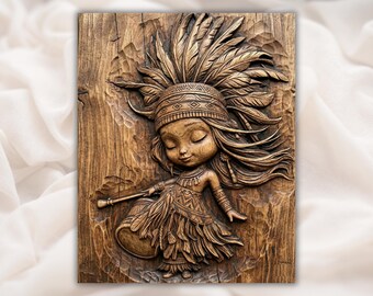 Tribal Girl Dancing 3D Relief STL | Aspire, VCarve Pro, Carveco, Fusion 360, ArtCAM| Cute Native Headdress Wall Art
